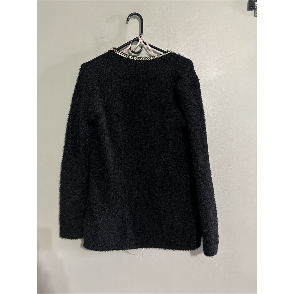 Forever 21 Woman's FuzzyCardigan Oversized Gold Chain Sweater Black Size Med - Picture 12 of 12